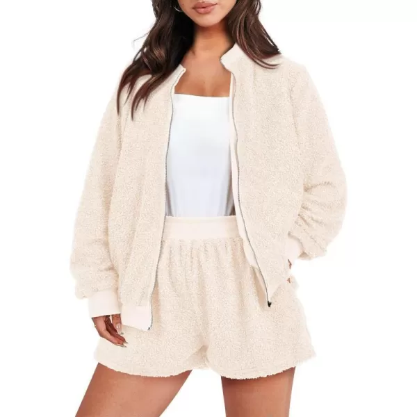 imagePRETTYGARDEN Womens 2 Piece Outfits 2023 Fall Fleece Zip Up Tops Jackets And Shorts Sets Tracksuit LoungewearBeige