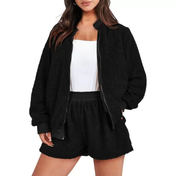 imagePRETTYGARDEN Womens 2 Piece Outfits 2023 Fall Fleece Zip Up Tops Jackets And Shorts Sets Tracksuit LoungewearBlack