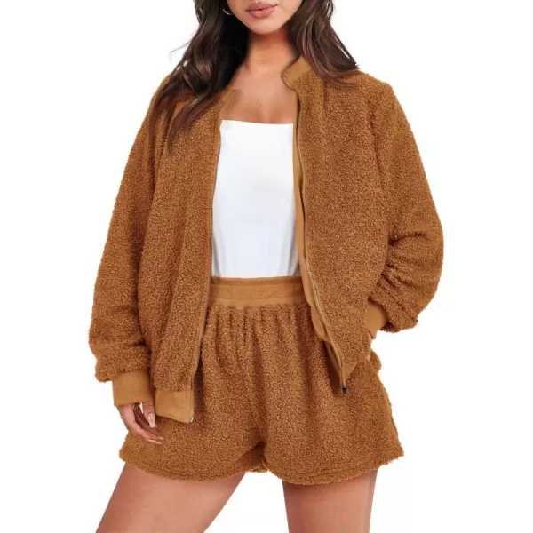 imagePRETTYGARDEN Womens 2 Piece Outfits 2023 Fall Fleece Zip Up Tops Jackets And Shorts Sets Tracksuit LoungewearBrown
