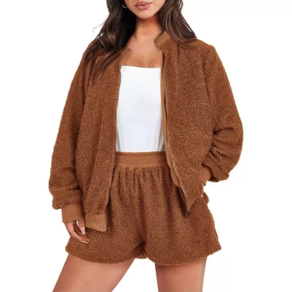 imagePRETTYGARDEN Womens 2 Piece Outfits 2023 Fall Fleece Zip Up Tops Jackets And Shorts Sets Tracksuit LoungewearDark Brown