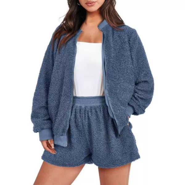 imagePRETTYGARDEN Womens 2 Piece Outfits 2023 Fall Fleece Zip Up Tops Jackets And Shorts Sets Tracksuit LoungewearGrey Blue