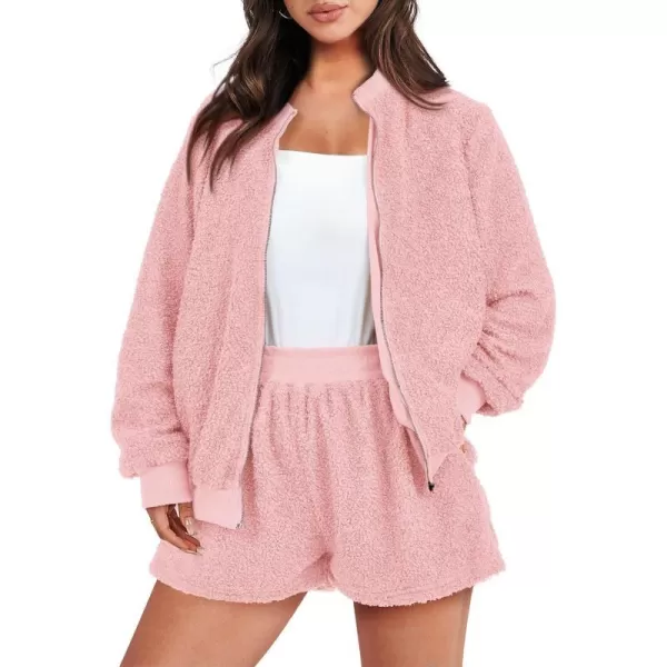 imagePRETTYGARDEN Womens 2 Piece Outfits 2023 Fall Fleece Zip Up Tops Jackets And Shorts Sets Tracksuit LoungewearPink