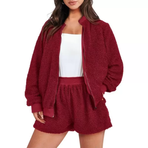 imagePRETTYGARDEN Womens 2 Piece Outfits 2023 Fall Fleece Zip Up Tops Jackets And Shorts Sets Tracksuit LoungewearWine Red