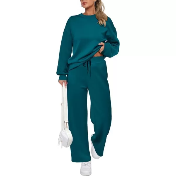 imagePRETTYGARDEN Womens 2 Piece Outfits 2023 Fall Long Sleeve Pullover Tops And Long Pants Lounge Sets TracksuitBlue Green