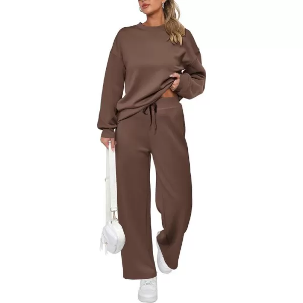 imagePRETTYGARDEN Womens 2 Piece Outfits 2023 Fall Long Sleeve Pullover Tops And Long Pants Lounge Sets TracksuitBrown