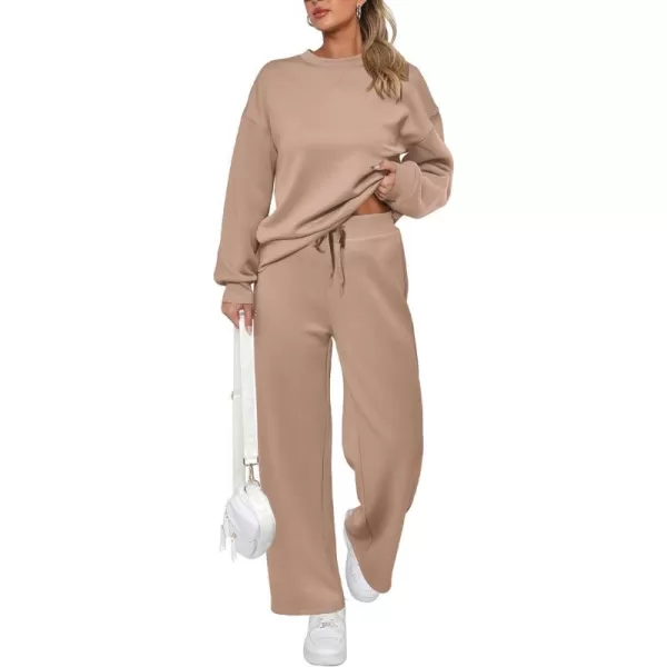 imagePRETTYGARDEN Womens 2 Piece Outfits 2023 Fall Long Sleeve Pullover Tops And Long Pants Lounge Sets TracksuitKhaki