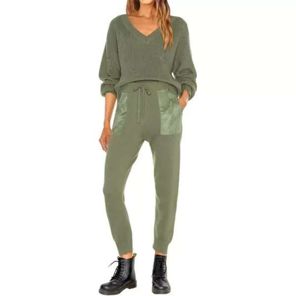 imagePRETTYGARDEN Womens 2 Piece Outfits 2023 Fall V Neck Ripped Knit Pullover Sweater And Long Pants Tracksuit SetArmy Green