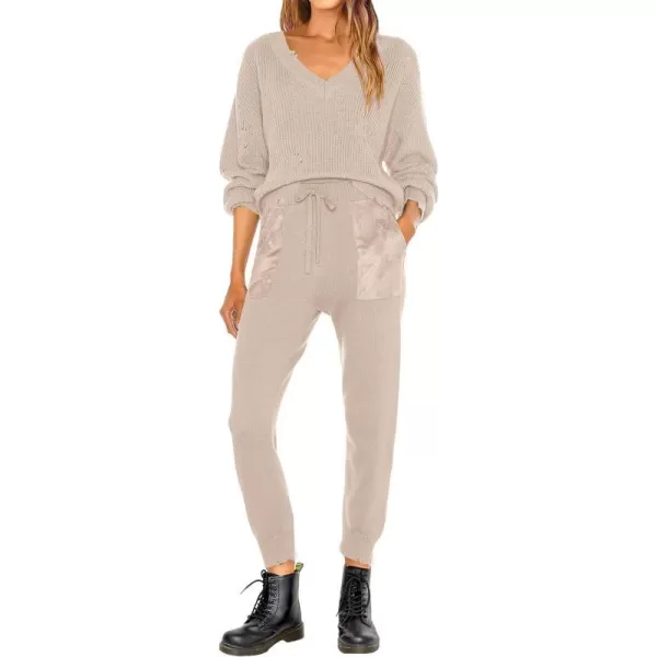 imagePRETTYGARDEN Womens 2 Piece Outfits 2023 Fall V Neck Ripped Knit Pullover Sweater And Long Pants Tracksuit SetBeige