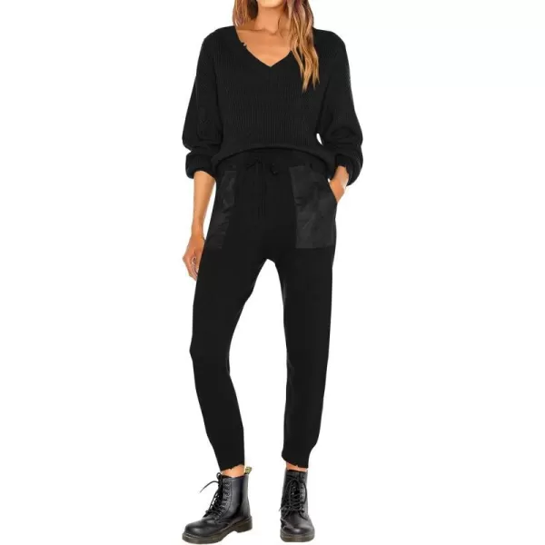imagePRETTYGARDEN Womens 2 Piece Outfits 2023 Fall V Neck Ripped Knit Pullover Sweater And Long Pants Tracksuit SetBlack