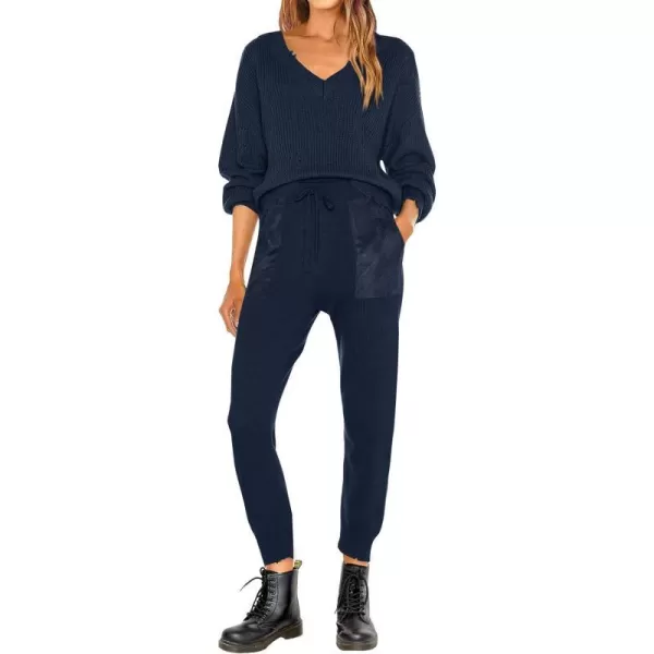 imagePRETTYGARDEN Womens 2 Piece Outfits 2023 Fall V Neck Ripped Knit Pullover Sweater And Long Pants Tracksuit SetDark Blue
