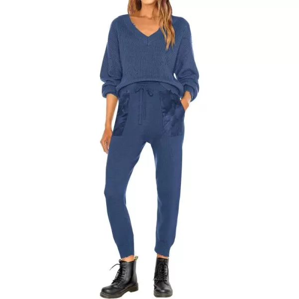 imagePRETTYGARDEN Womens 2 Piece Outfits 2023 Fall V Neck Ripped Knit Pullover Sweater And Long Pants Tracksuit SetDenim Blue