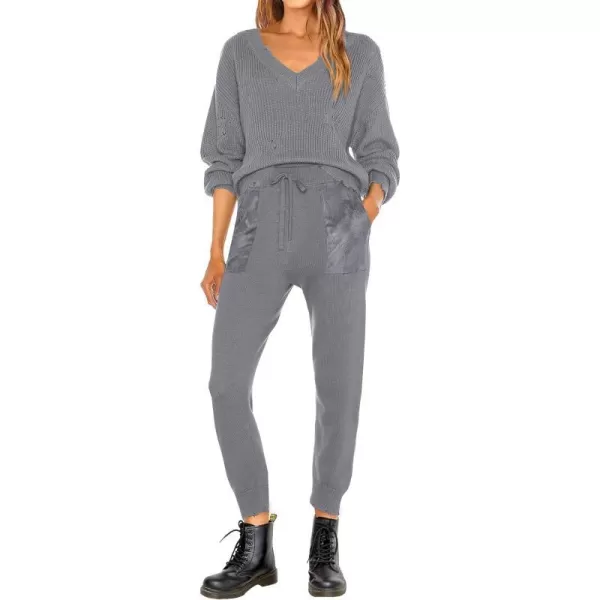 imagePRETTYGARDEN Womens 2 Piece Outfits 2023 Fall V Neck Ripped Knit Pullover Sweater And Long Pants Tracksuit SetGrey