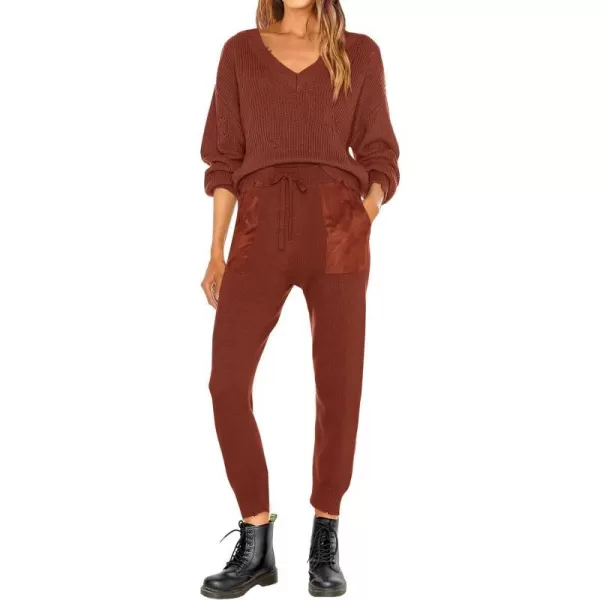 imagePRETTYGARDEN Womens 2 Piece Outfits 2023 Fall V Neck Ripped Knit Pullover Sweater And Long Pants Tracksuit SetRed Brown