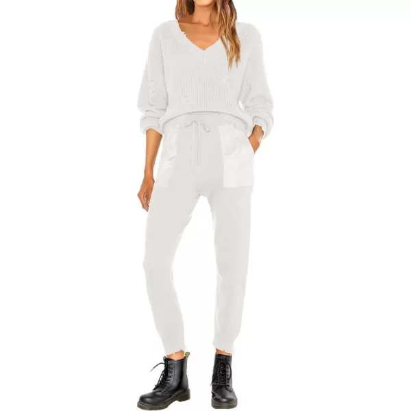 imagePRETTYGARDEN Womens 2 Piece Outfits 2023 Fall V Neck Ripped Knit Pullover Sweater And Long Pants Tracksuit SetWhite