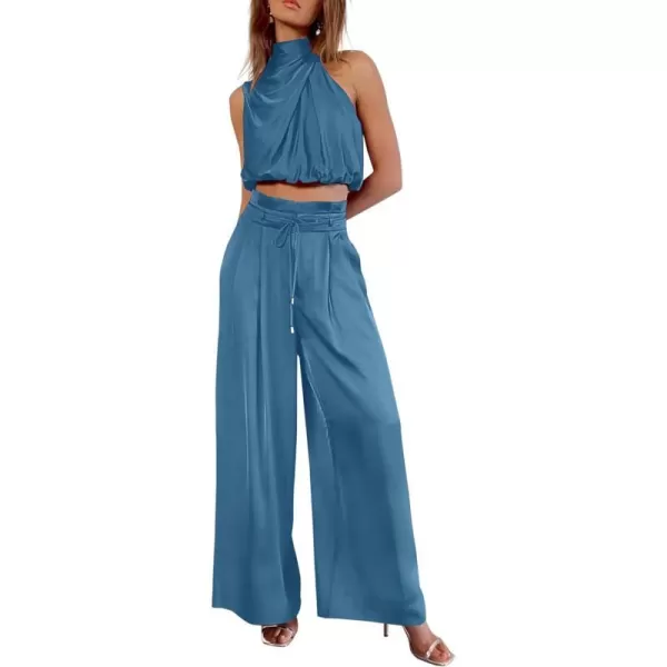 imagePRETTYGARDEN Womens 2 Piece Outfits 2023 Summer Casual Sleeveless Mock Neck Crop Tops Wide Leg Pants SetLight Lake Blue
