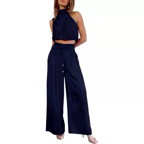 imagePRETTYGARDEN Womens 2 Piece Outfits 2023 Summer Casual Sleeveless Mock Neck Crop Tops Wide Leg Pants SetNavy