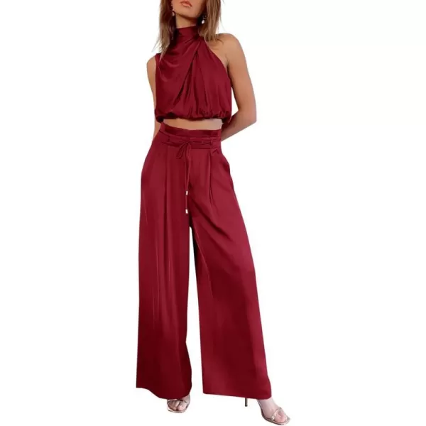 imagePRETTYGARDEN Womens 2 Piece Outfits 2023 Summer Casual Sleeveless Mock Neck Crop Tops Wide Leg Pants SetRed