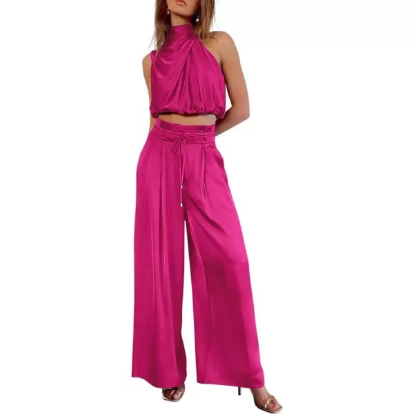imagePRETTYGARDEN Womens 2 Piece Outfits 2023 Summer Casual Sleeveless Mock Neck Crop Tops Wide Leg Pants SetRose Red