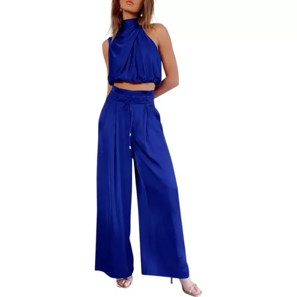 imagePRETTYGARDEN Womens 2 Piece Outfits 2023 Summer Casual Sleeveless Mock Neck Crop Tops Wide Leg Pants SetRoyal Blue