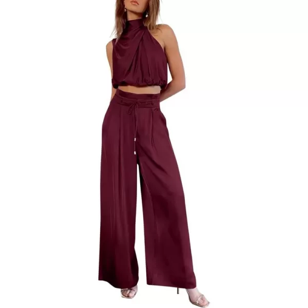 imagePRETTYGARDEN Womens 2 Piece Outfits 2023 Summer Casual Sleeveless Mock Neck Crop Tops Wide Leg Pants SetWine Red