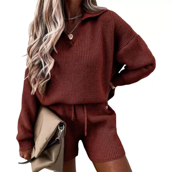 imagePRETTYGARDEN Womens 2 Piece Outfits 2023 Winter Long Sleeve V Neck Knit Pullover And Shorts Sweater Tracksuit SetsCaramel