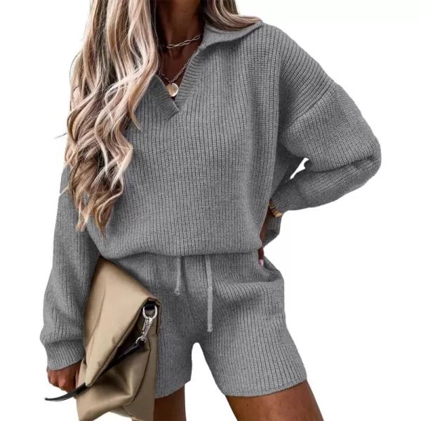 imagePRETTYGARDEN Womens 2 Piece Outfits 2023 Winter Long Sleeve V Neck Knit Pullover And Shorts Sweater Tracksuit SetsGrey