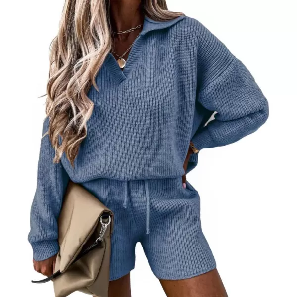 imagePRETTYGARDEN Womens 2 Piece Outfits 2023 Winter Long Sleeve V Neck Knit Pullover And Shorts Sweater Tracksuit SetsGrey Blue