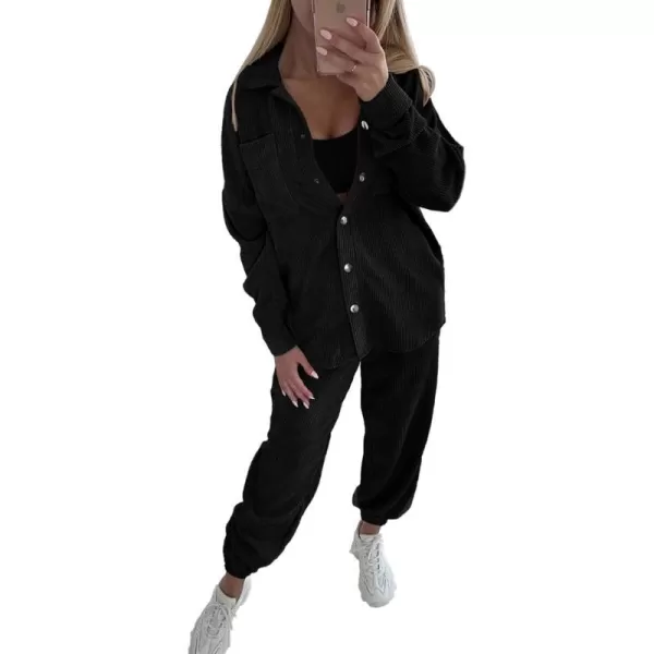 imagePRETTYGARDEN Womens 2 Piece Outfits Casual Corduroy Long Sleeve Button Down Jacket and Pants Tracksuit with PocketsBlack