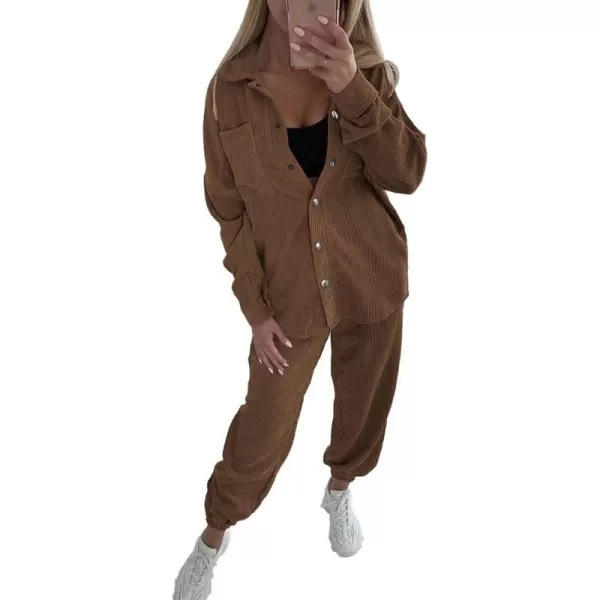 imagePRETTYGARDEN Womens 2 Piece Outfits Casual Corduroy Long Sleeve Button Down Jacket and Pants Tracksuit with PocketsBrown