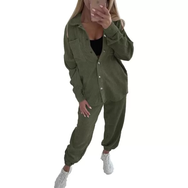 imagePRETTYGARDEN Womens 2 Piece Outfits Casual Corduroy Long Sleeve Button Down Jacket and Pants Tracksuit with PocketsGreen