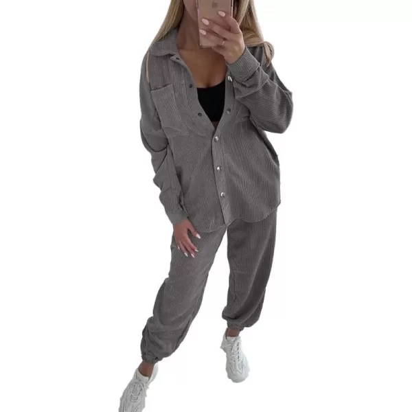 imagePRETTYGARDEN Womens 2 Piece Outfits Casual Corduroy Long Sleeve Button Down Jacket and Pants Tracksuit with PocketsGrey