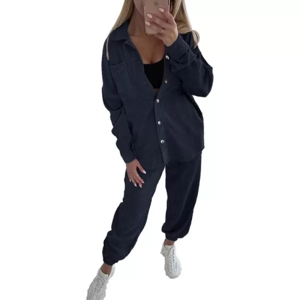 imagePRETTYGARDEN Womens 2 Piece Outfits Casual Corduroy Long Sleeve Button Down Jacket and Pants Tracksuit with PocketsNavy