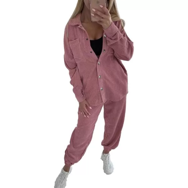 imagePRETTYGARDEN Womens 2 Piece Outfits Casual Corduroy Long Sleeve Button Down Jacket and Pants Tracksuit with PocketsPink