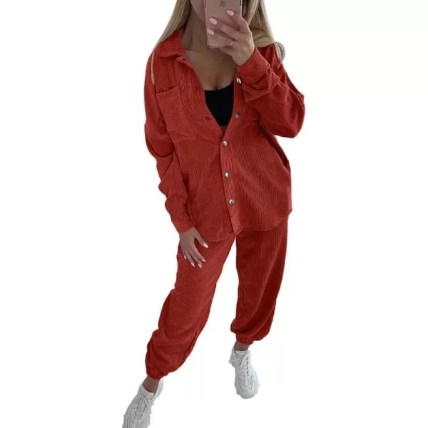 imagePRETTYGARDEN Womens 2 Piece Outfits Casual Corduroy Long Sleeve Button Down Jacket and Pants Tracksuit with PocketsRed Brown