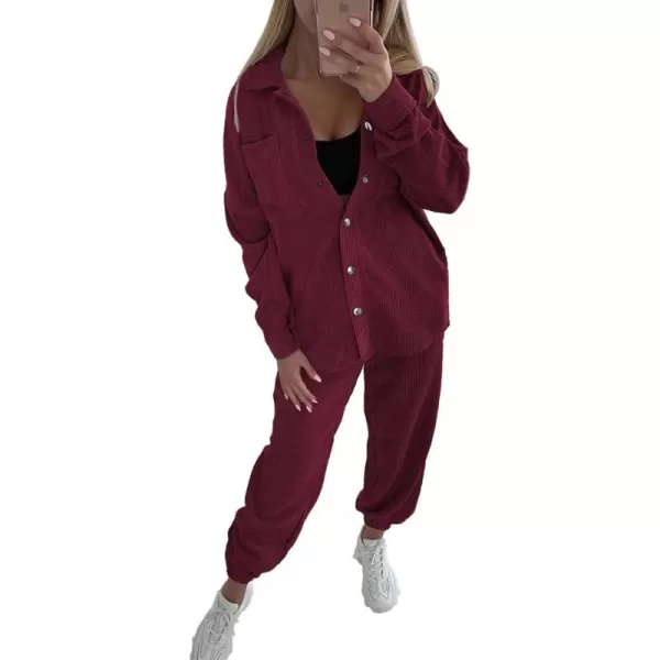 imagePRETTYGARDEN Womens 2 Piece Outfits Casual Corduroy Long Sleeve Button Down Jacket and Pants Tracksuit with PocketsWine Red