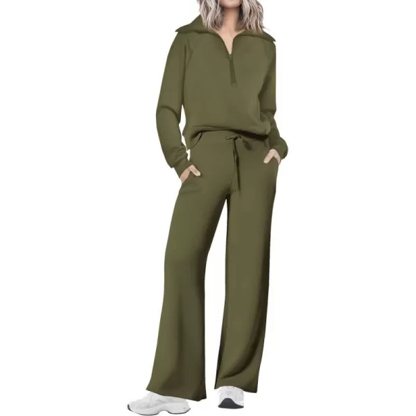imagePRETTYGARDEN Womens 2 Piece Outfits Casual Lapel Half Zip Sweatshirts And Wide Leg Pants Tracksuit SetsArmy Green