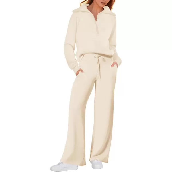 imagePRETTYGARDEN Womens 2 Piece Outfits Casual Lapel Half Zip Sweatshirts And Wide Leg Pants Tracksuit SetsBeige