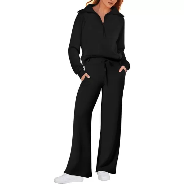 imagePRETTYGARDEN Womens 2 Piece Outfits Casual Lapel Half Zip Sweatshirts And Wide Leg Pants Tracksuit SetsBlack