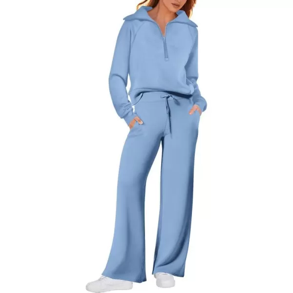 imagePRETTYGARDEN Womens 2 Piece Outfits Casual Lapel Half Zip Sweatshirts And Wide Leg Pants Tracksuit SetsBlue