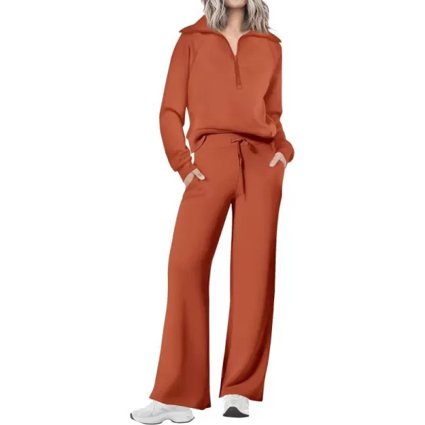 imagePRETTYGARDEN Womens 2 Piece Outfits Casual Lapel Half Zip Sweatshirts And Wide Leg Pants Tracksuit SetsBrick Red