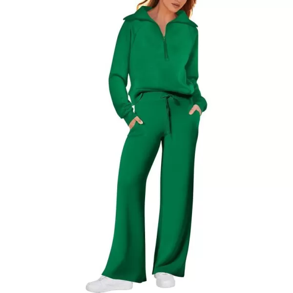 imagePRETTYGARDEN Womens 2 Piece Outfits Casual Lapel Half Zip Sweatshirts And Wide Leg Pants Tracksuit SetsGreen