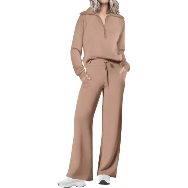 imagePRETTYGARDEN Womens 2 Piece Outfits Casual Lapel Half Zip Sweatshirts And Wide Leg Pants Tracksuit SetsKhaki