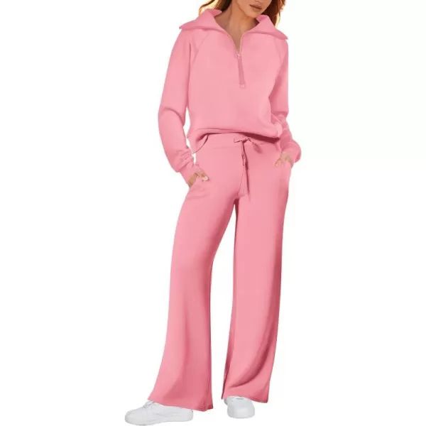 imagePRETTYGARDEN Womens 2 Piece Outfits Casual Lapel Half Zip Sweatshirts And Wide Leg Pants Tracksuit SetsPink