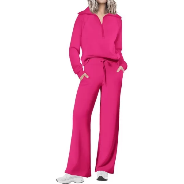 imagePRETTYGARDEN Womens 2 Piece Outfits Casual Lapel Half Zip Sweatshirts And Wide Leg Pants Tracksuit SetsRose Red