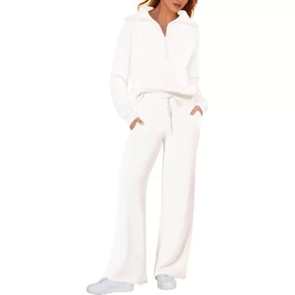 imagePRETTYGARDEN Womens 2 Piece Outfits Casual Lapel Half Zip Sweatshirts And Wide Leg Pants Tracksuit SetsWhite