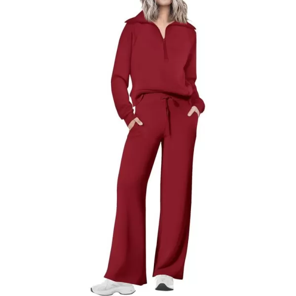 imagePRETTYGARDEN Womens 2 Piece Outfits Casual Lapel Half Zip Sweatshirts And Wide Leg Pants Tracksuit SetsWine Red