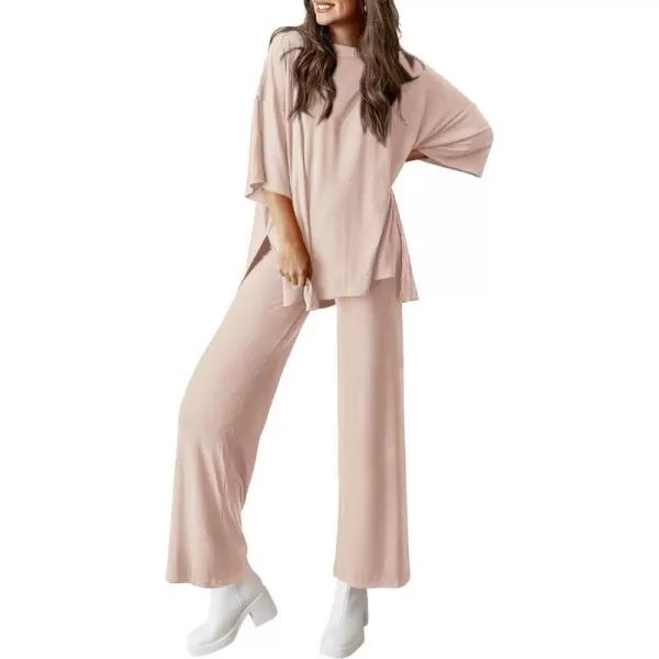 imagePRETTYGARDEN Womens 2 Piece Outfits Casual Short Sleeve Pullover Tops and Wide Leg Pants Lounge Sets TracksuitsBeige