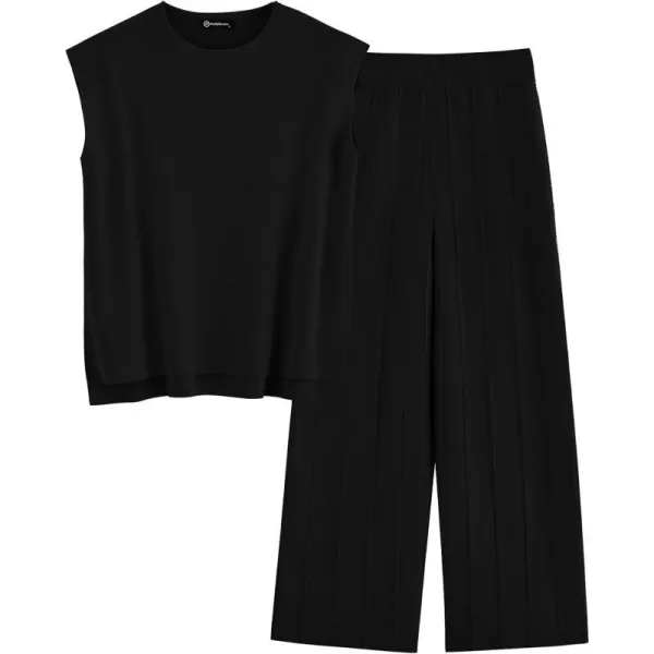 imagePRETTYGARDEN Womens 2 Piece Outfits Knit Loungewear High Low Pullover Tops and Wide Leg Pants Casual Sweater Sets TracksuitsBlack