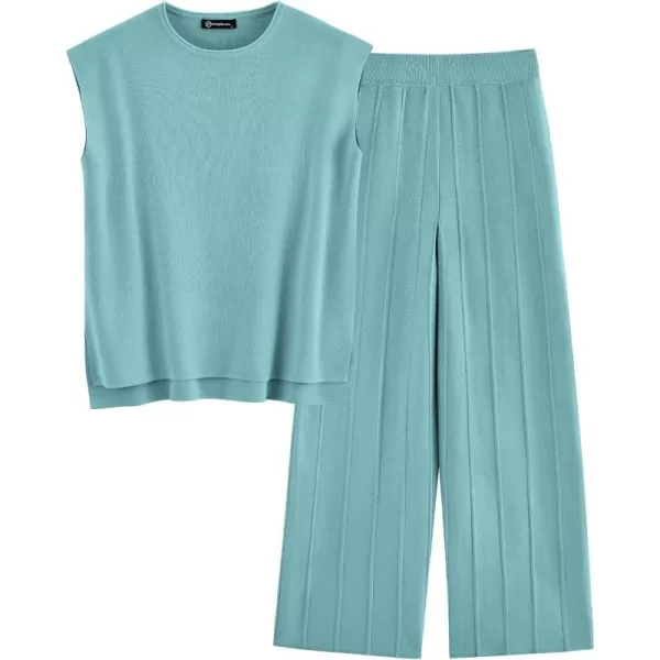imagePRETTYGARDEN Womens 2 Piece Outfits Knit Loungewear High Low Pullover Tops and Wide Leg Pants Casual Sweater Sets TracksuitsBlue Green