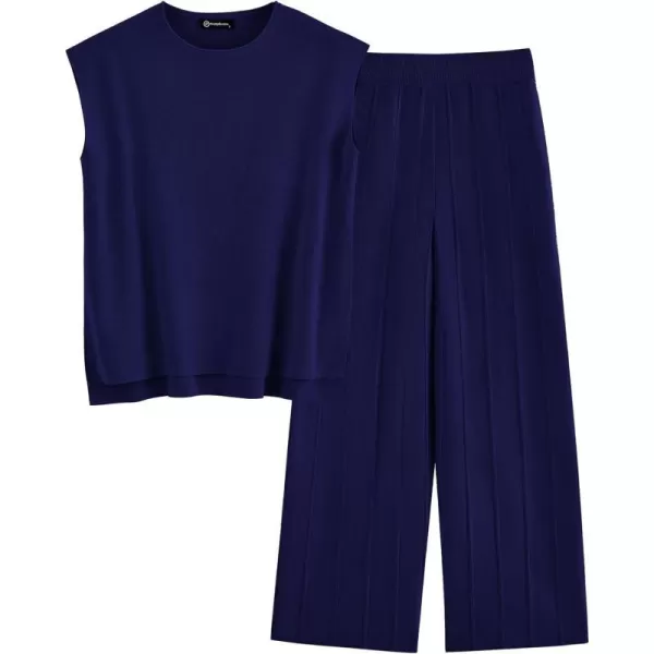 imagePRETTYGARDEN Womens 2 Piece Outfits Knit Loungewear High Low Pullover Tops and Wide Leg Pants Casual Sweater Sets TracksuitsDark Blue